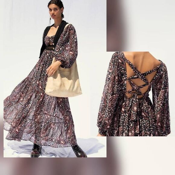 Free People Dresses & Skirts - Free People Folklore Maxi Sheer Paisley Tiered Balloon Sleeve Boho Dress Sz. S E